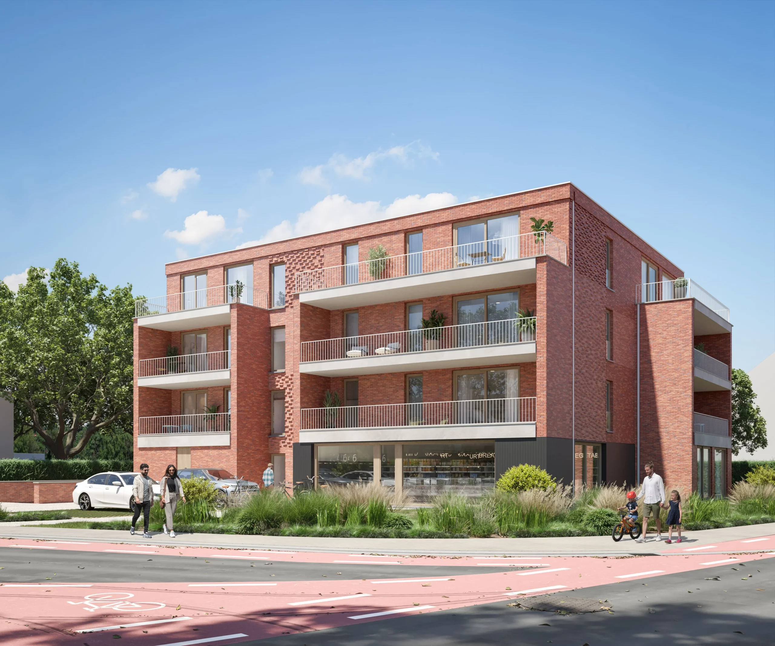 Modern appartementsgebouw met rode baksteen en ruime terrassen